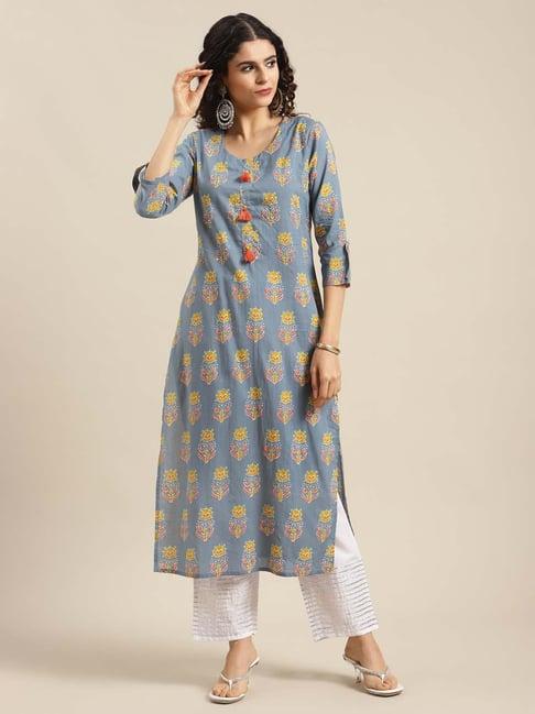 ksut grey cotton floral print regular fit kurta