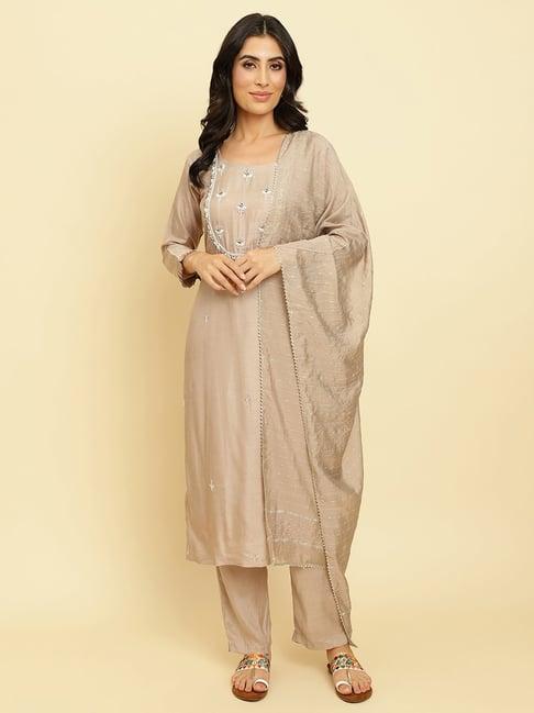 ksut grey embellished kurta with pant & dupatta