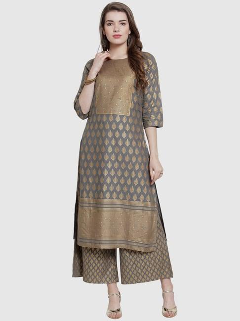 ksut grey printed kurta palazzo set