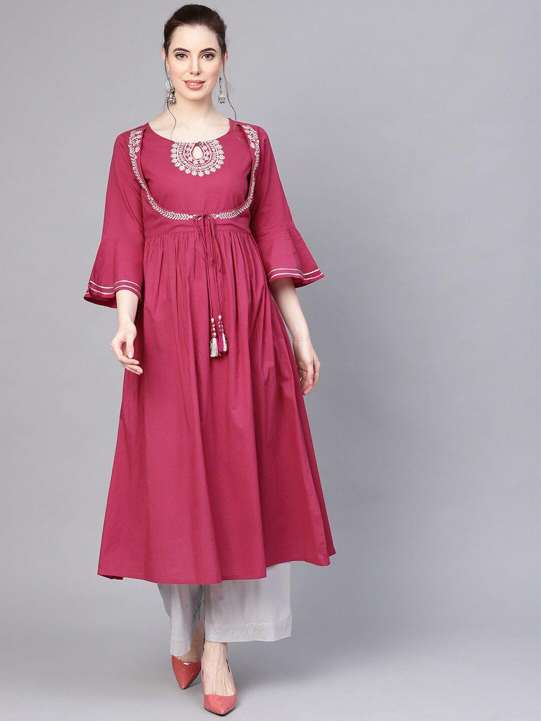 ksut keyhole neck yoke design flared sleeves thread work panelled pure cotton kurta