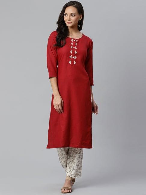 ksut maroon & off-white embroidered kurta pant set