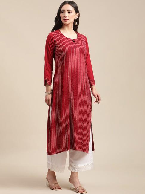 ksut maroon & white embellished kurta & palazzo set