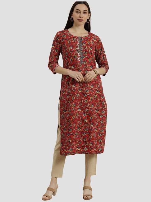 ksut maroon cotton embellished straight kurta