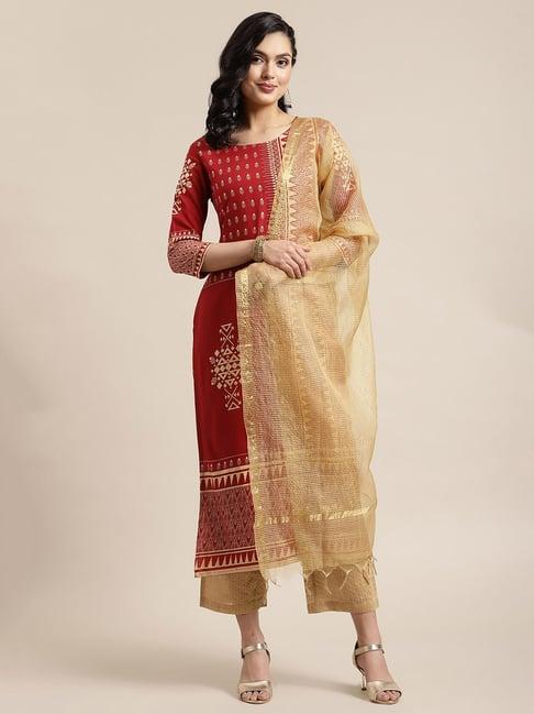 ksut maroon printed kurta with palazzo & dupatta