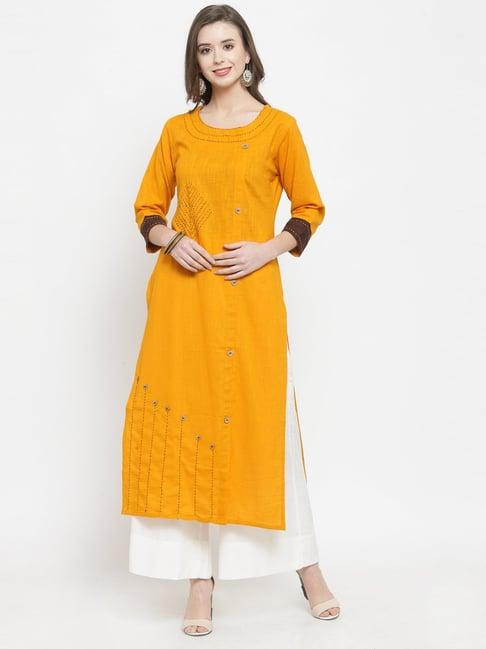 ksut mustard cotton embroidered straight kurti