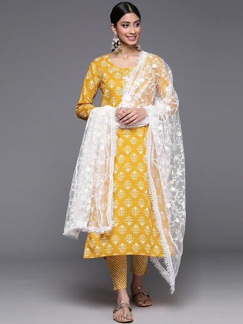 ksut mustard cotton printed kurta pant set with dupatta