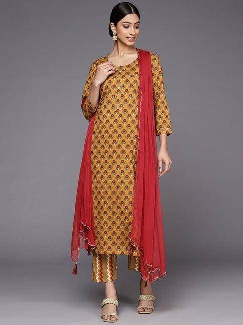 ksut mustard cotton printed kurta pant set with dupatta