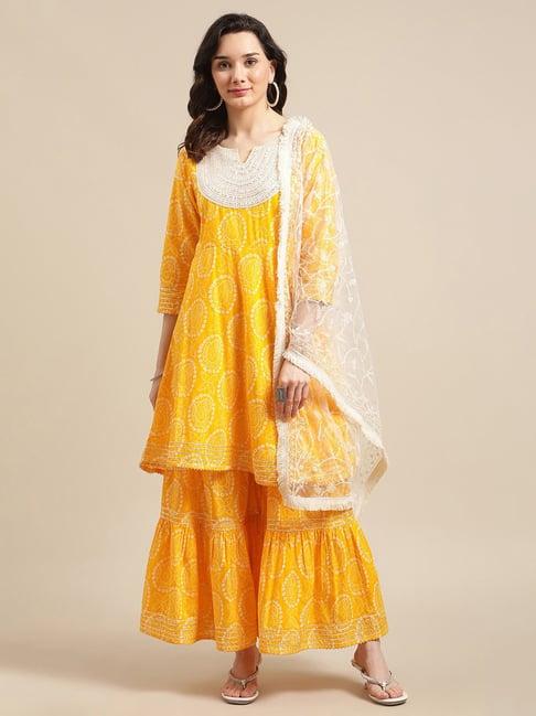 ksut mustard cotton printed kurti sharara set with dupatta