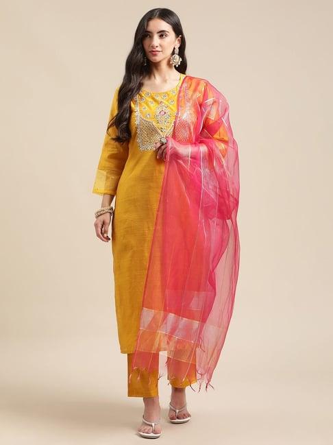 ksut mustard embellished kurta pant set with dupatta