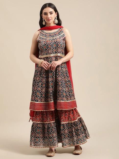 ksut navy cotton printed kurta sharara set with dupatta