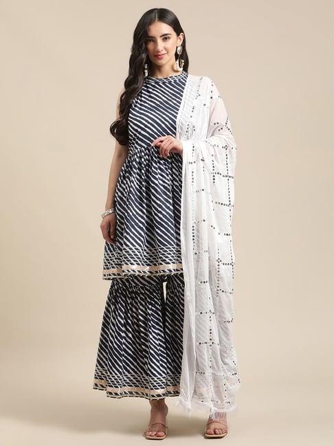 ksut navy printed kurti sharara set with dupatta