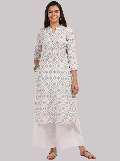 ksut off-white & grey cotton printed straight kurti