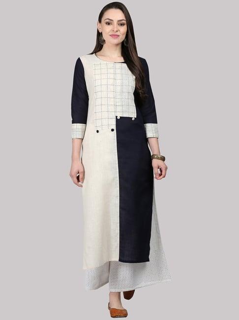 ksut off-white & navy cotton embroidered straight kurti