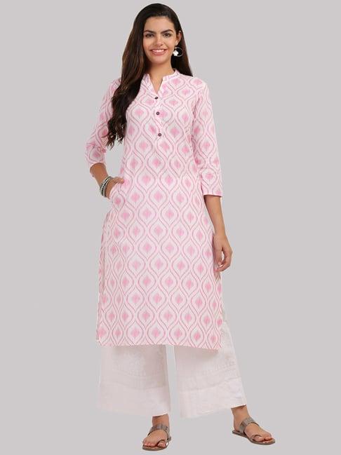 ksut off-white & pink cotton printed straight kurti