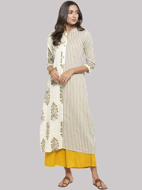 ksut off-white cotton floral print straight kurti