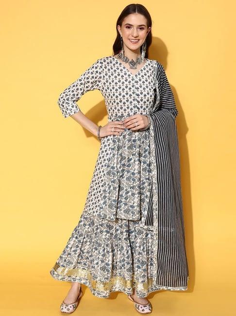 ksut off-white cotton printed kurti sharara set with dupatta