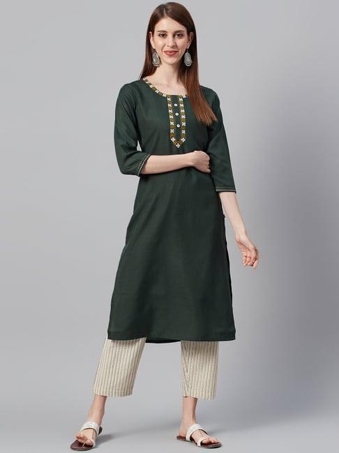 ksut olive & beige cotton embroidered kurta palazzo set