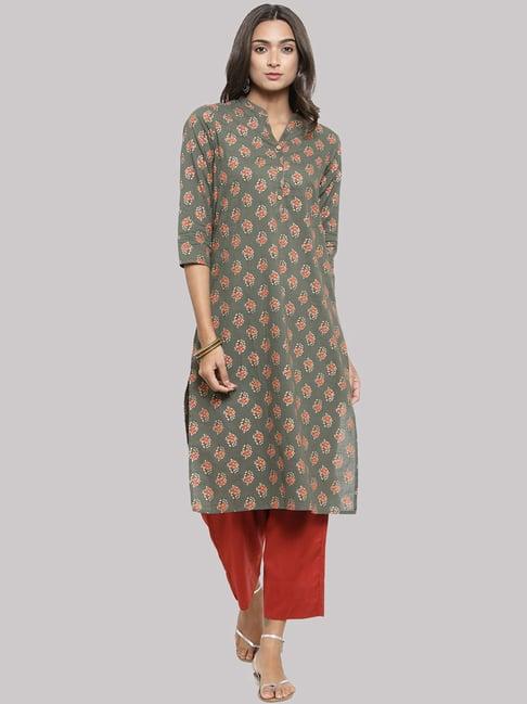 ksut olive green cotton floral print straight kurti