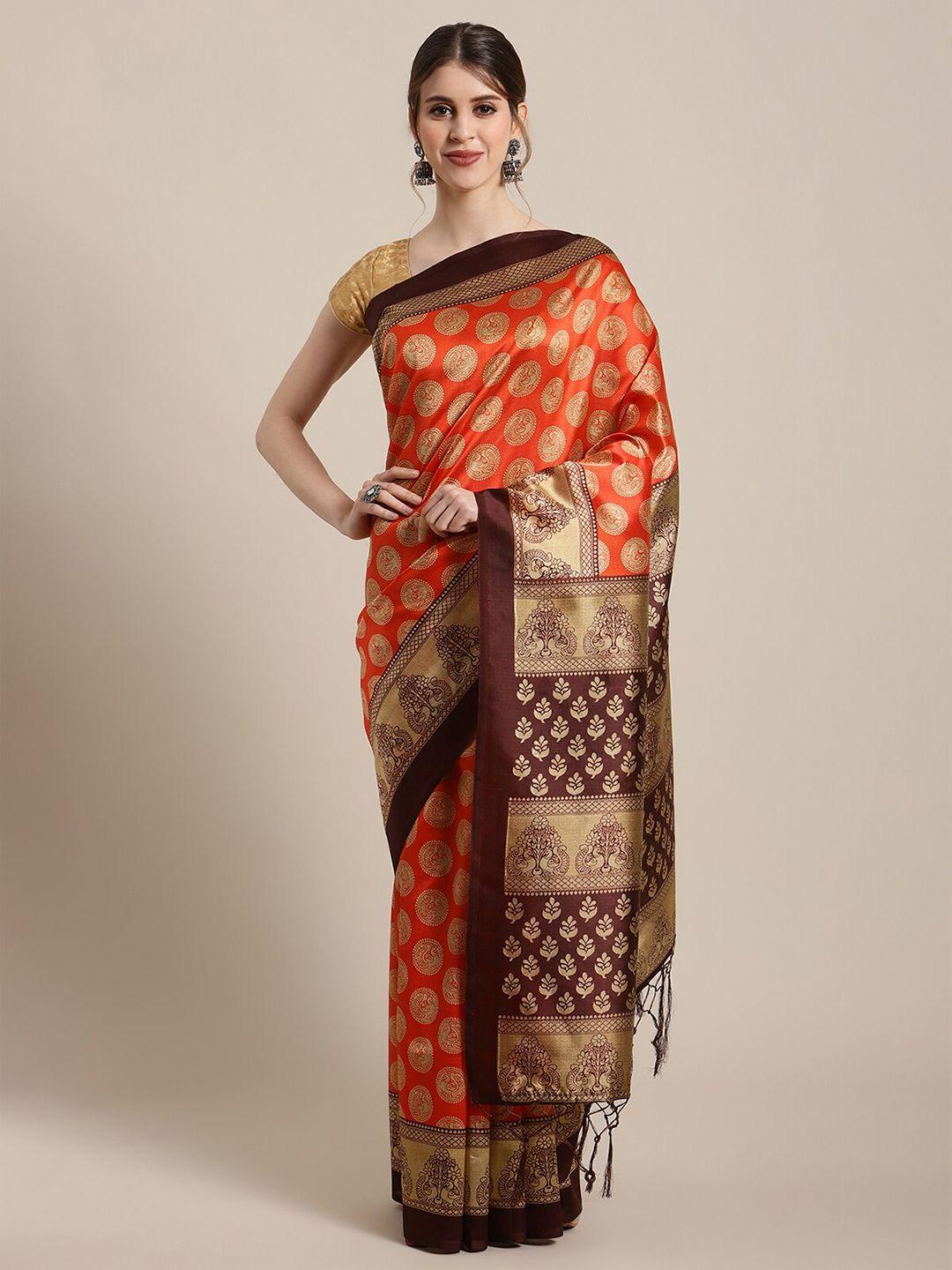 ksut orange & brown woven design art silk mysore silk saree