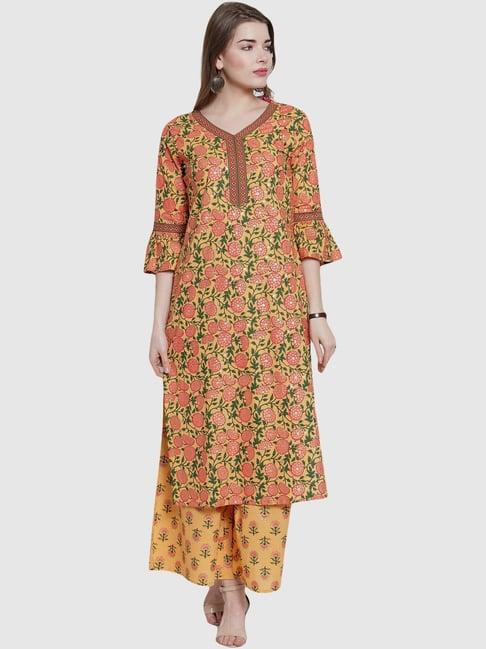 ksut peach cotton floral print kurta palazzo set