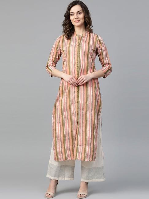 ksut peach cotton striped straight kurta