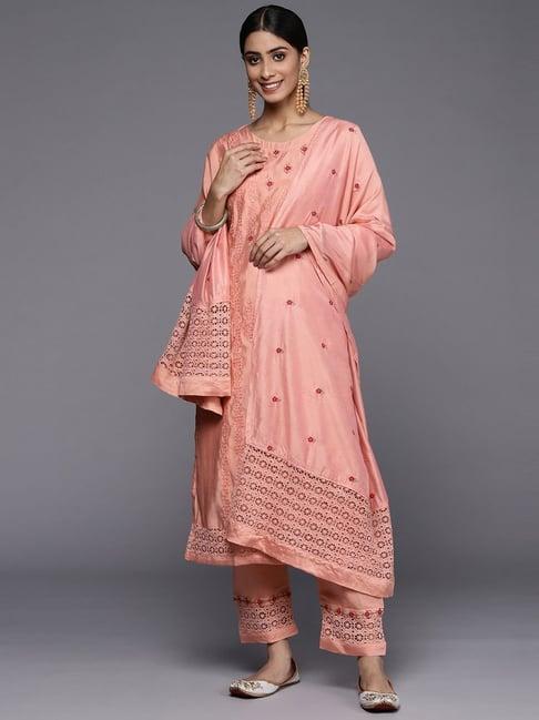 ksut peach embroidered kurta pant set with dupatta