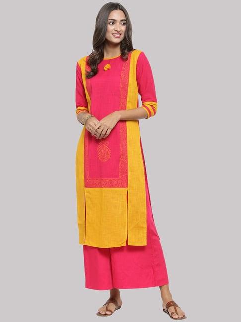 ksut pink & mustard cotton printed straight kurti