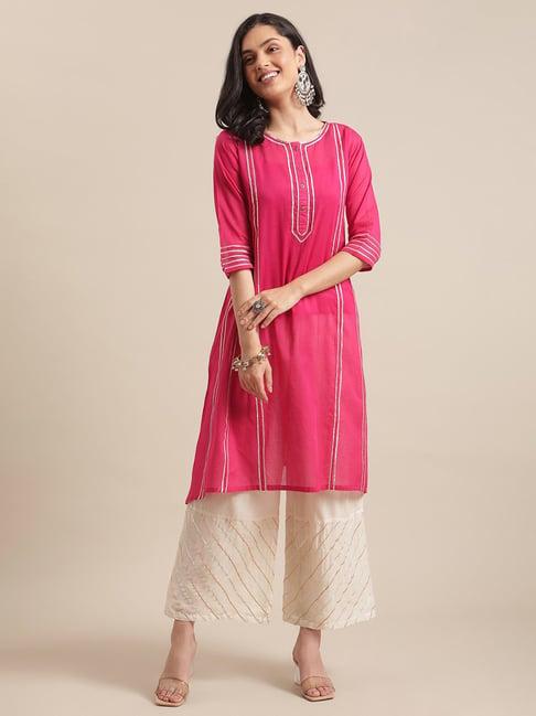 ksut pink & off-white cotton printed kurta palazzo set