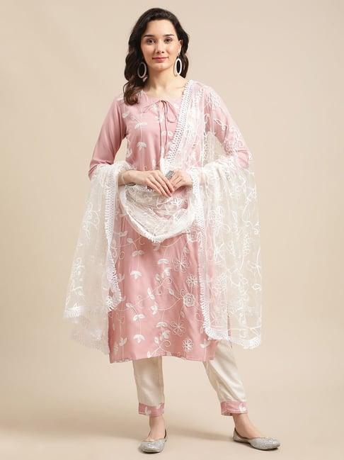ksut pink & white embroidered kurta pant set with dupatta