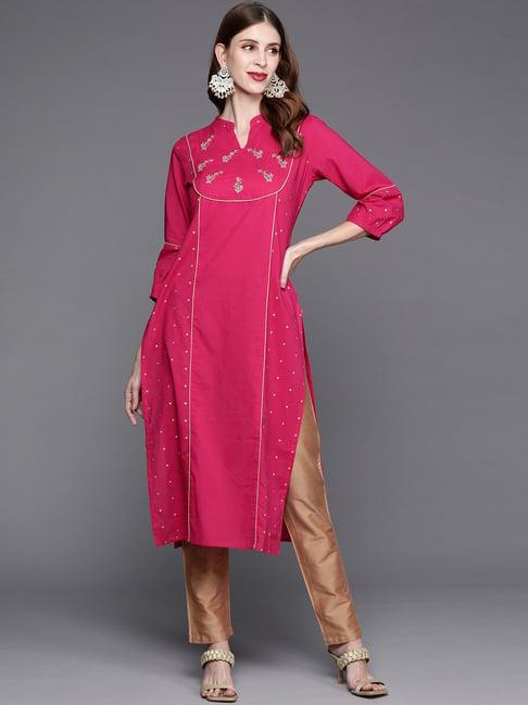 ksut pink cotton embroidered straight kurta