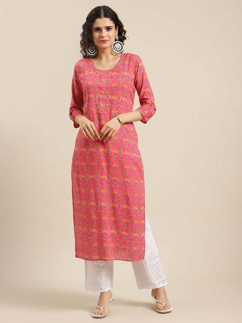 ksut pink cotton floral print regular fit kurta