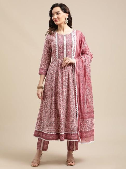 ksut pink cotton printed kurta pant set with dupatta