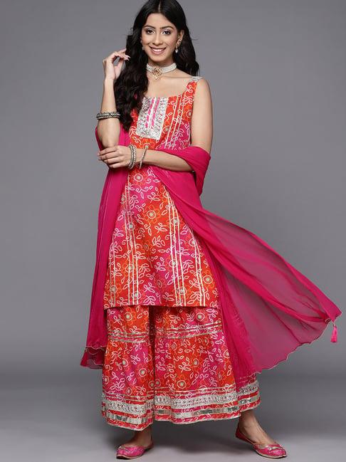 ksut pink cotton printed kurta sharara set with dupatta