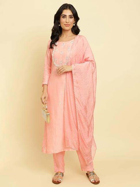 ksut pink embellished kurta with pant & dupatta