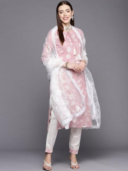 ksut pink embroidered kurta pant set with dupatta