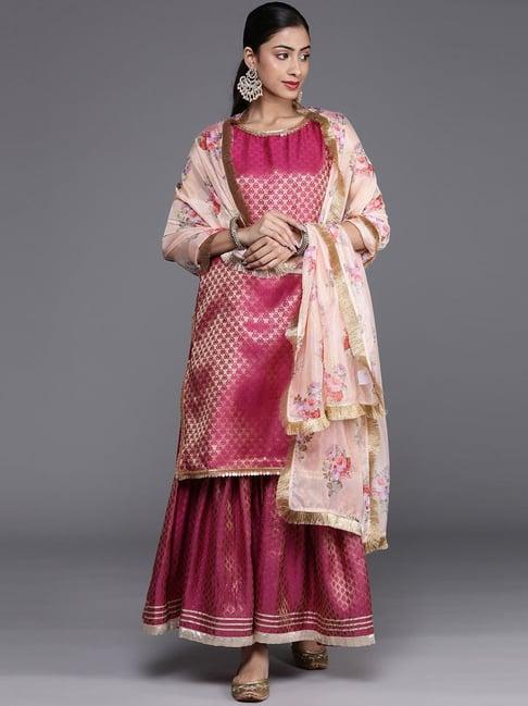 ksut pink woven pattern kurta sharara set with dupatta