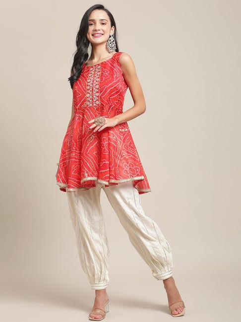 ksut red & beige printed kurta salwar set