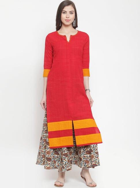 ksut red cotton chequered straight kurti