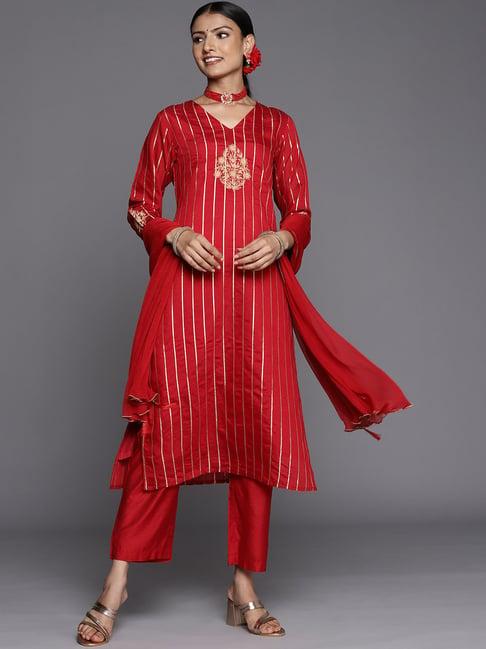 ksut red embroidered kurta pant set with dupatta