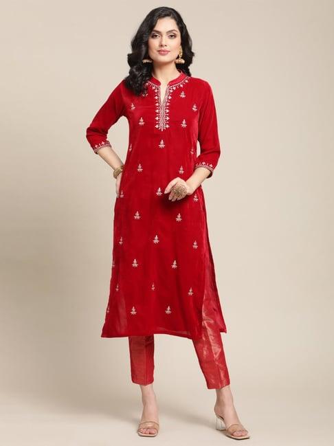 ksut red embroidered kurta pant set