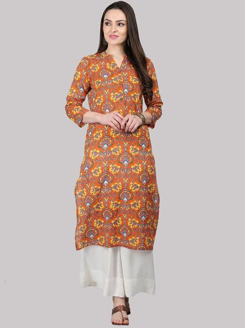 ksut rust & yellow cotton printed straight kurti