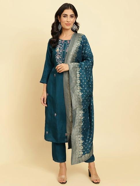 ksut teal embroidered kurta with pant & dupatta