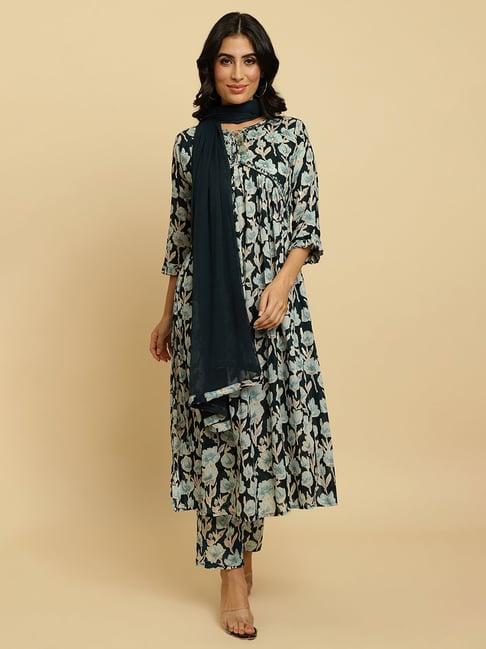 ksut teal floral print kurta with pant & dupatta