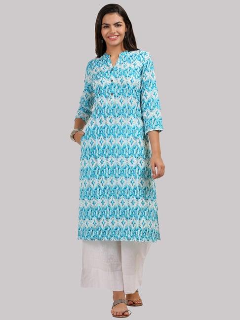 ksut white & blue cotton printed straight kurti