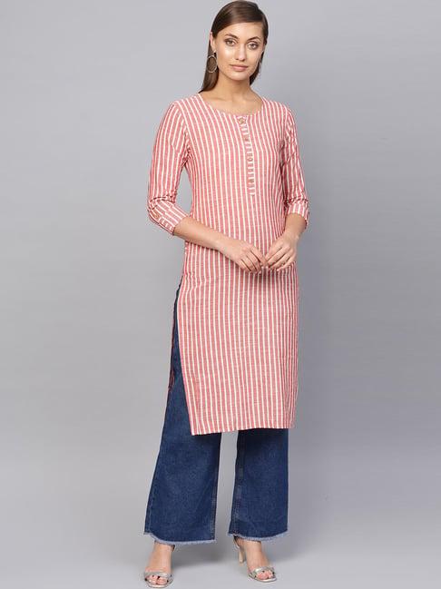 ksut white & coral cotton striped straight kurta