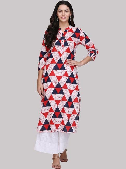 ksut white & red cotton geometric print straight kurti