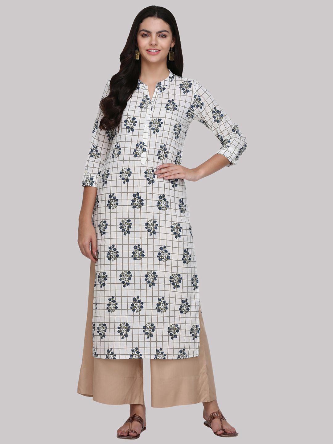 ksut women beige & blue printed straight kurta