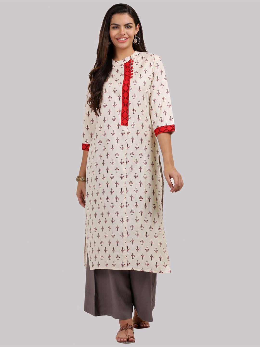 ksut women beige & red printed straight kurta