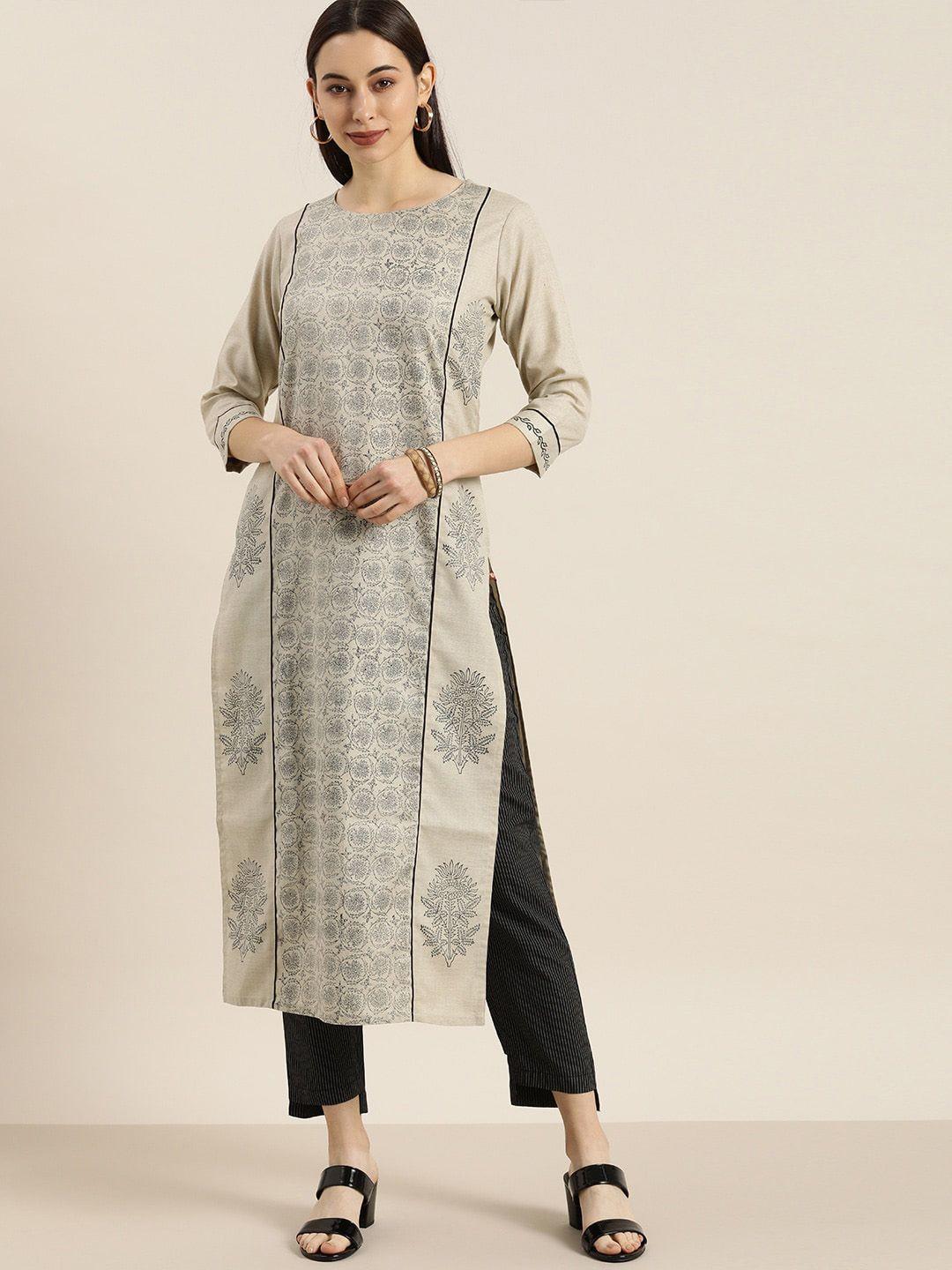 ksut women beige ethnic motifs printed kurta set