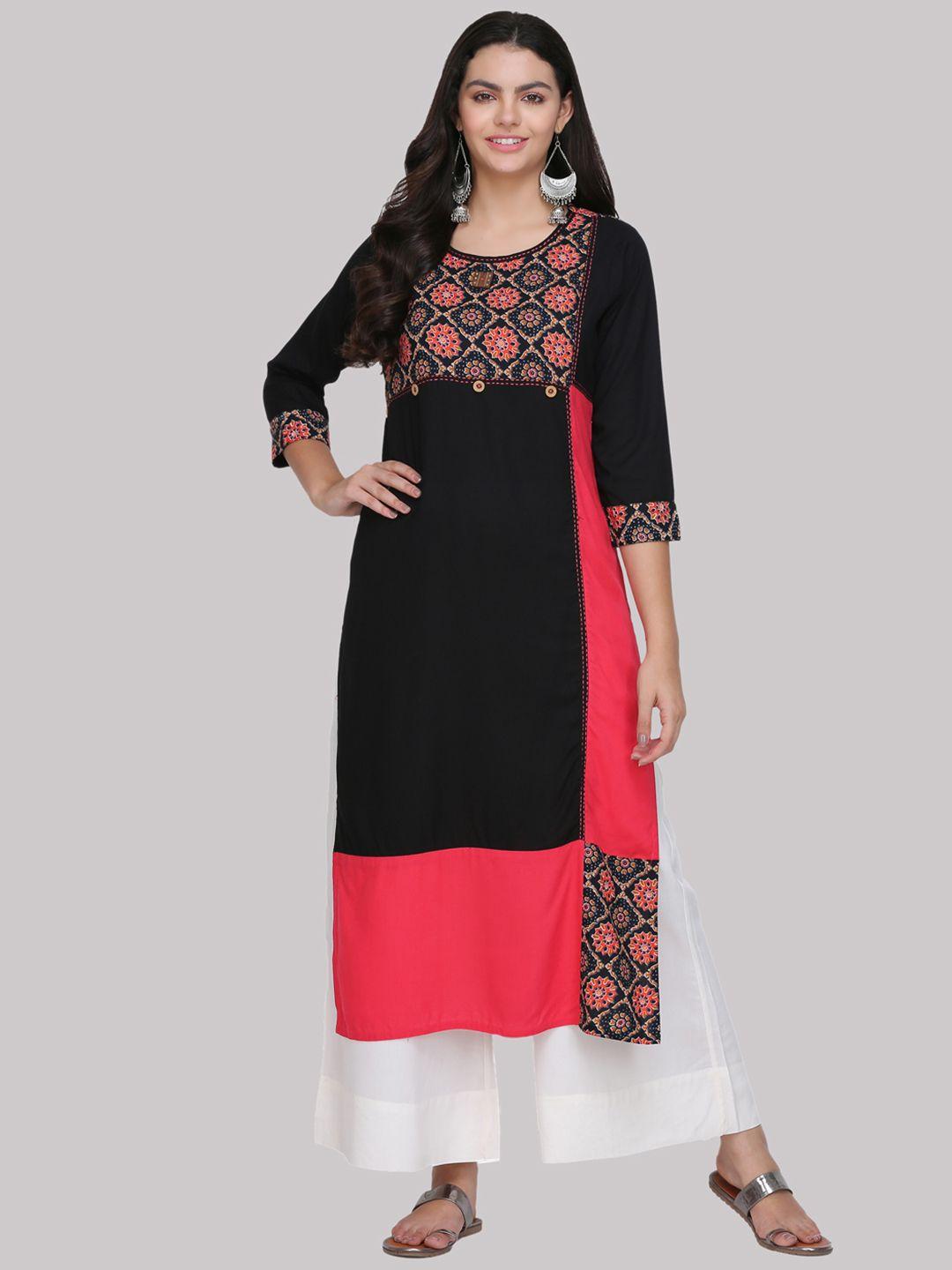 ksut women black & coral printed straight kurta